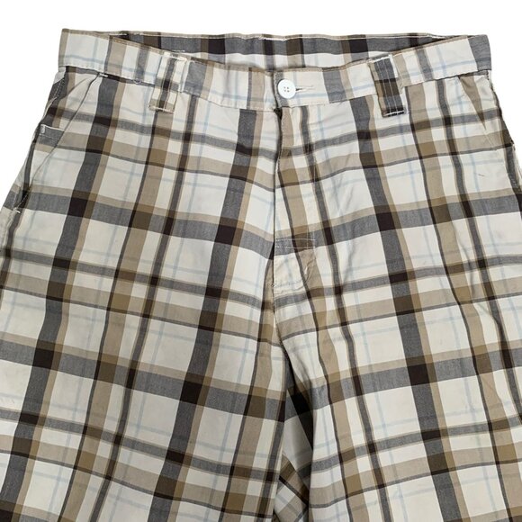 Burnside Flat Front Chino Shorts 32 Beige Plaid 5 Pocket Button Zip Belt Loops - Picture 2 of 5